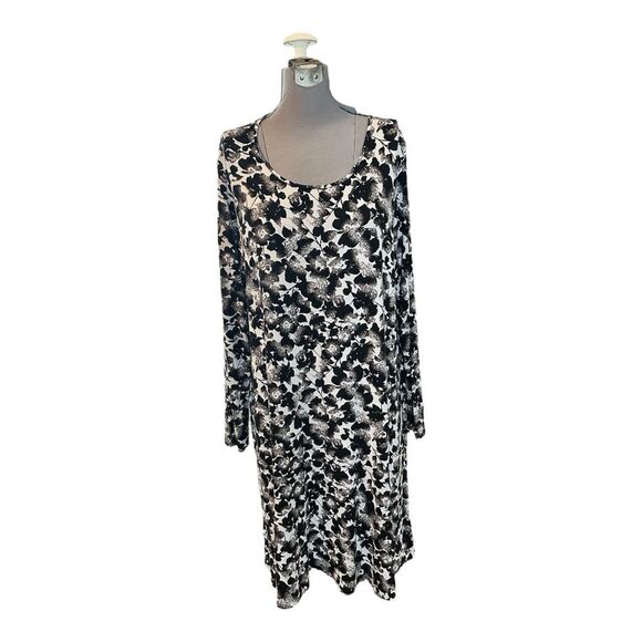 J. Jill Black Floral Midi Dress Size Large Long Sleeve Flowy Boho Chic - Picture 1 of 6